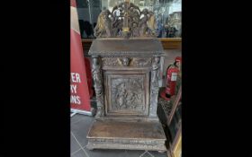 Gothic Prayer Prie-Dieu, carved panel front with caryatid side supports, hinged slope above a single
