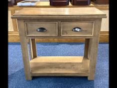 Light Oak Console Table, two drawers above a lower shelf. Measures 33'' long x 13'' deep x 30''