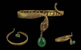 Ladies Excellent & Realistic 18ct Gold Snake Bangle - With Jade Gem Stone Hanging From Snakes Mouth.