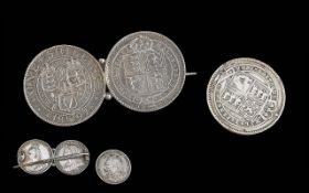 Victorian Silver Shillings, two dated 1887 in the form of a brooch, and one dated 1897.