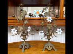 Pair of Antique Candelabras of Metal Form, highly decorated throughout, as found condition. Large