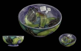 Moorcroft Hand Painted Tube lined Bowl ' Black Tulip ' Design. Designer Sally Tuffin. Diameter 6.