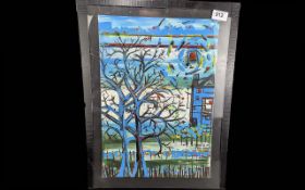 Modern Original Framed Oil Painting, by Darr Thompson, stylized design in bold colours depicting a