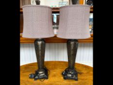 Pair of Tall Bokara Table Lamps, with interwoven textured style base with grey woven fabric drum