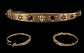 Antique Period Ladies 9ct Gold Hinged Bangle with Safety Chain. Set with Rubies / Diamonds In Star