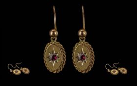Antique Period Ladies 9ct Gold Ruby Set Pair of Earrings. Marked 9ct. Rubies of Pleasing Colour