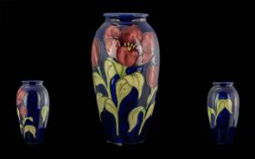 Walter Moorcroft Signed Vase - Big Tulip Flower Design On Blue Ground. Circa 1980's. Museum Stamp To