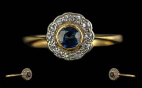 Ladies Petite 18ct Gold Diamond and Sapphire Set Ring, Marked 18ct to Interior of Shank. The Central