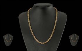 Ladies 9ct Rope Twist Chain Necklace of Warm Gold Colour. Marked 9.375. Weight 8 grams. Length 20