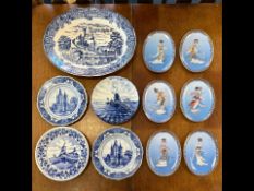 Box of Blue & White China, to include Delft hand-painted plates, Oriental blue plates with painted