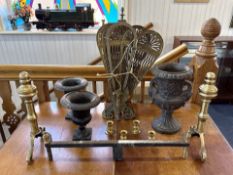Antique Metal Ware, comprising fire dogs, pair of cast iron urns, brass fire screen, etc.