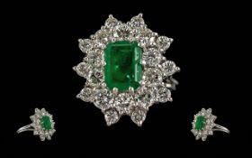Ladies - Excellent Quality 18ct White Gold Diamond and Emerald Set Cluster Ring. Marked 18ct to