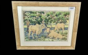 Mildred Faulkner (1897-1982) Watercolour over Pencil 'Zebu Cattle'. Image size 8.5'' x 12.5'',