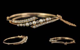 Antique Period - Ladies 15ct Gold Exquisite Diamond and Pearl Set Hinged Bangle with Safety Chain