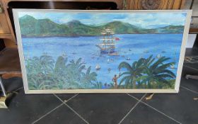 Local Artist Interest - Keith Sutton Oil on Board, Caribbean Lagoon scene with boats and figures.