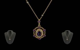 Art Nouveau Merle Bennett Superb Ladies 15ct Gold Exquisite Amethyst & Seed Pearl Set Pendant -