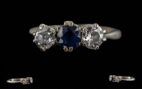 Ladies 18ct Gold Diamond Sapphire Set Ring. Tests 18ct Gold. Sapphire of Good Colour, Flanked to