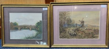 Two Watercolours, both mounted framed and glazed, landscape scenes with bridge. Each one signed by