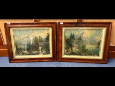 Pair of Antique Flamed Mahogany Picture Frames, housing continental mountain scene prints. Glazed