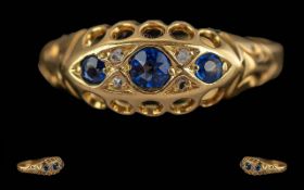 Edwardian Period 1902 -1910 Ladies 18ct Gold Sapphire and Diamond Set Ring, Raised Setting. Full