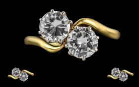 Ladies Superb Quality 18ct Gold Two Stone Diamond Set Ring - Marked 18ct & Platinum To Shank. The