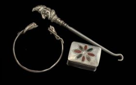 Collection of 925 Sterling Silver Items. Includes ' Punch ' and Judy Button Hook, Oriental Bangle