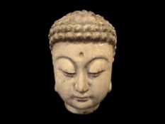 A Vintage Carved Wooden Buddha Head - Carved Wooden Buddha Head, With Detailed Carved Hairstyle.