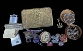 Mixed Lot of Collectibles, to include 1914 Christmas Tin, advertising badges, cigarette box, stud