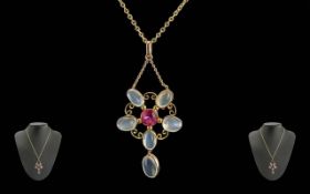 Victorian Period 1837 - 1901 Ladies 9ct Gold Pleasing Open Worked Pendant Set with Moon Stones of