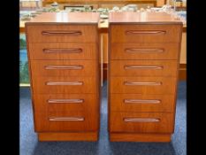 Two G-Plan 'Fresco' Tallboys, mid-century teak chest of drawers, each with a bank of six drawers