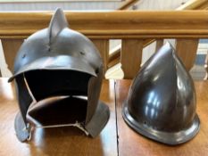 Two Reproduction Medieval Helmets, a Cabasset and a Burgounet helmet.