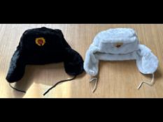 Pair of Fur Russian Style Hats, with badges, one white and one black.