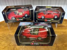 Three Large Burago Die Cast Models, comprising 456GT Ferrari, F40 Ferrari, and Dodge Viper. All