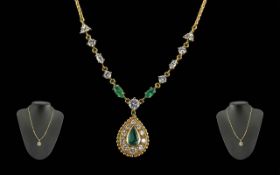 Ladies Superb Quality 18ct Gold Emerald & Diamond Set Necklace - With Drop. Marked 750 (18ct )