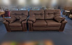A Leather G Plan Suite - Dark Chocolate Brown Leather Two Seater & Armchair. On Wooden Feet. With