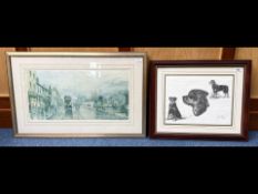 Joel Kirk Print of Rottweilers, mounted and framed, together with a J Chapman print of a rainy town,