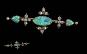 Antique Period Ladies Excellent 15ct Gold and Platinum Opal / Diamond Set Brooch of Pleasing Design,