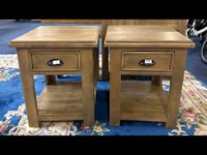 Two Side Tables, Light Oak, each with a single drawer above a lower shelf, measure 24'' x 20'' x