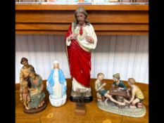 Box of Religious Figures, to include a 15'' figure of Jesus, a figure of Mary, plus two other