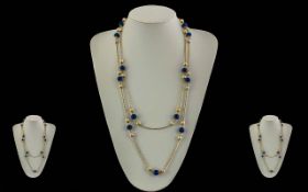 Ladies Superb Quality 18ct Gold Pearl & Blue Stone Set Long Necklace - Marked 750 (18ct) Length 50''