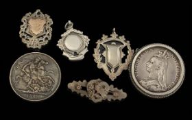 Collection of 925 Sterling Silver Items. Includes Fobs, Brooch and 2 Victorian Crowns Dated 1889.
