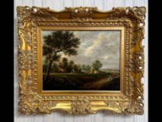 Oil on Panel, country landscape with figures and dog. Modern gilt swept frame. Image measures 14'' x