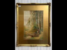 Late 19th/Early 20th Century Watercolour, depicts children picking flowers in the woods. Image
