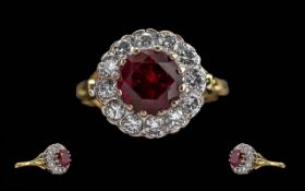 Ladies Superb 18ct Gold Ruby & Diamond Set Cluster Ring - Full Hallmark To Interior Of Shank. The