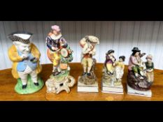 Antique Staffordshire Pottery Figures, to include 'Pastime' 7'', 'Songster' 7'', 'Man with Sheep'