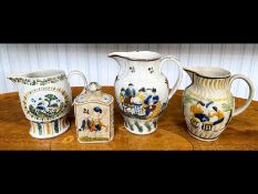 Three Antique Staffordshire Prattware Pottery Jugs, measuring 8'' x 7'' x 6'', together with a 6''