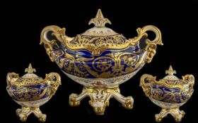 Grainger Lee & Co. Worcester Armorial Sauce Boat/Tureen, cobalt blue with gilt. Armorial crest