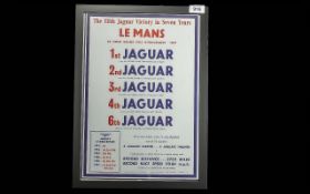 Framed Le Mans Original Vintage 1957 Jaguar Promotional Poster celebrating their historic 1-2-3-4-