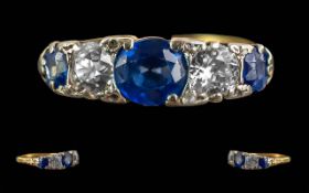 Antique Period Ladies - Attractive 18ct Gold 5 Stone Diamond / Sapphire Set Ring. Full Hallmark to