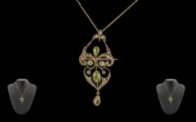 Antique Period Ladies 9ct Gold Open Worked Pendant / Brooch, Set with Peridots and Seed Pearls,